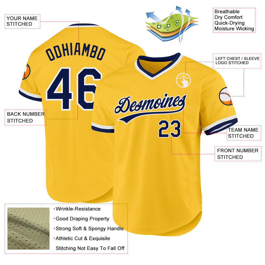 Custom Gold Navy-White Authentic Throwback Baseball Jersey view 3