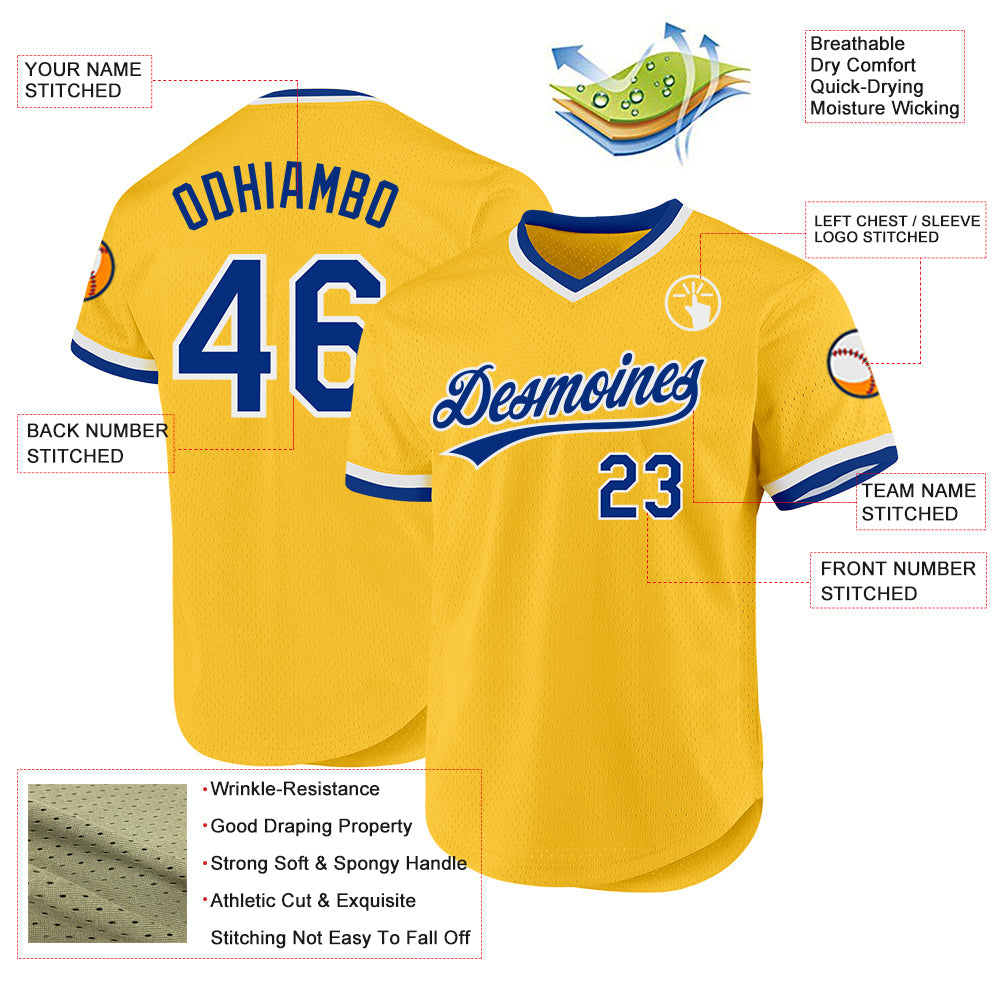 Custom Gold Royal-White Authentic Throwback Baseball Jersey view 3