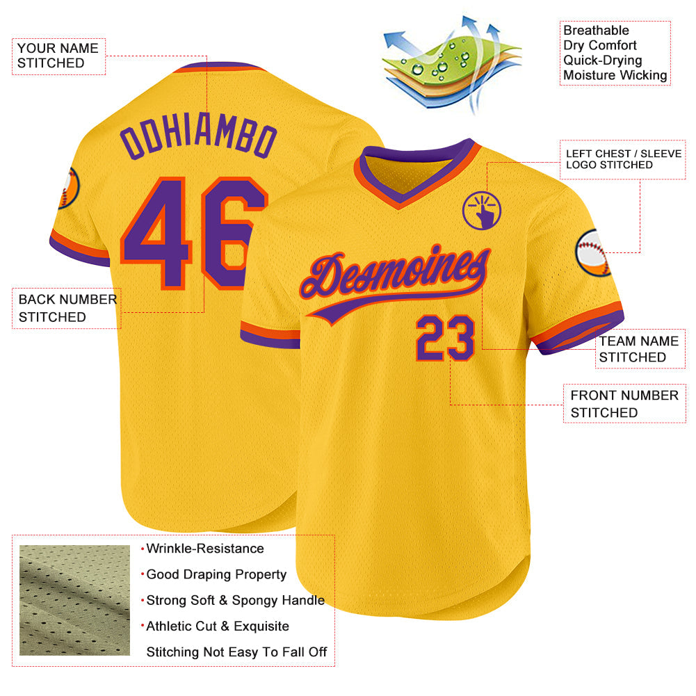 Custom Gold Purple-Orange Authentic Throwback Baseball Jersey view 3