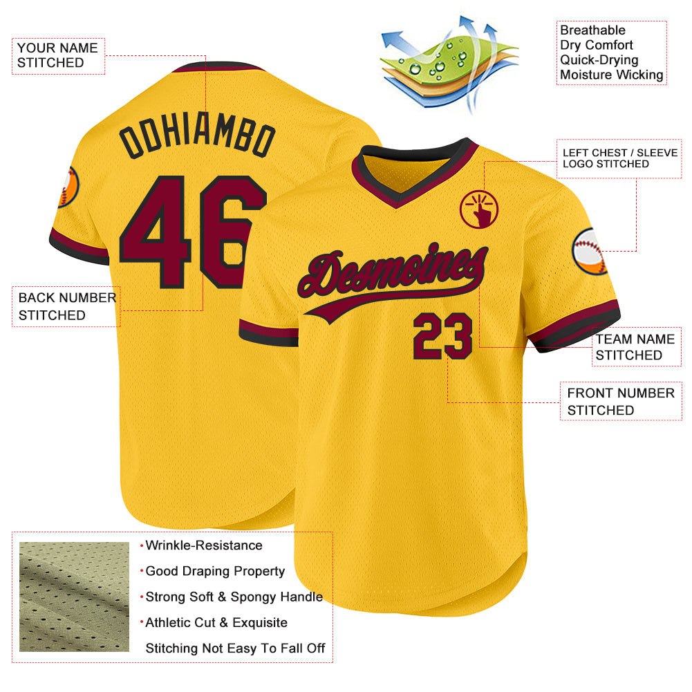 Custom Gold Maroon-Black Authentic Throwback Baseball Jersey view 3