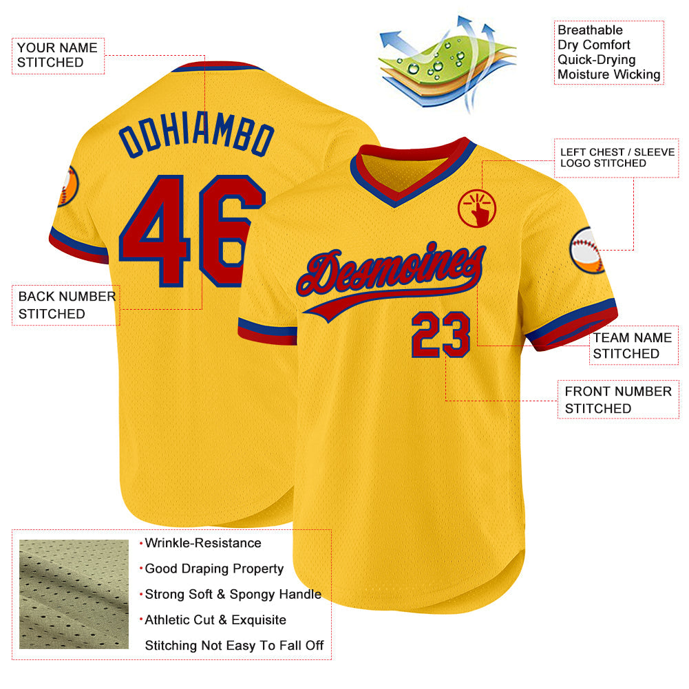 Custom Gold Red-Royal Authentic Throwback Baseball Jersey view 3