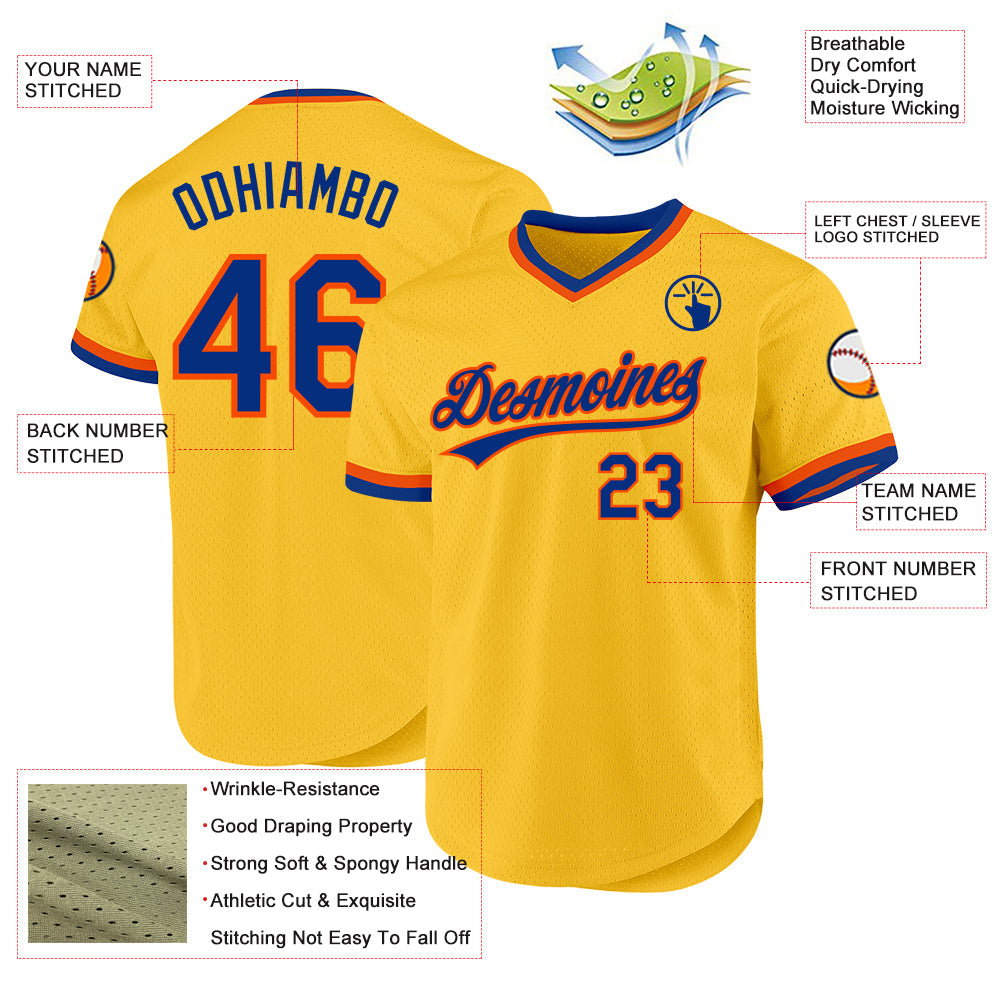 Custom Gold Royal-Orange Authentic Throwback Baseball Jersey view 3