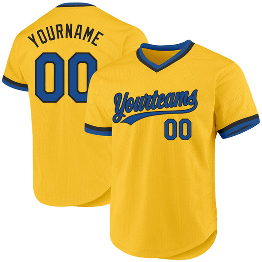 Custom Gold Blue-Black Authentic Throwback Baseball Jersey - Main View