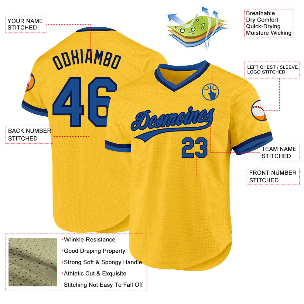 Custom Gold Blue-Navy Authentic Throwback Baseball Jersey view 3