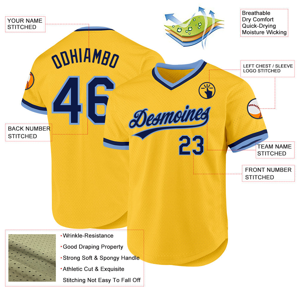 Custom Gold Navy-Light Blue Authentic Throwback Baseball Jersey view 3
