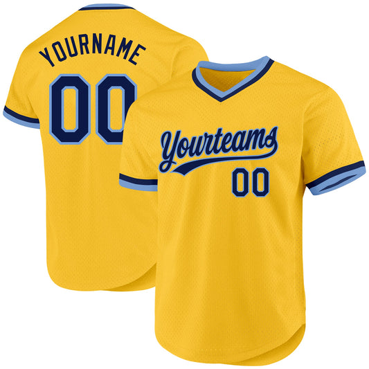 Custom Gold Navy-Light Blue Authentic Throwback Baseball Jersey - Main View