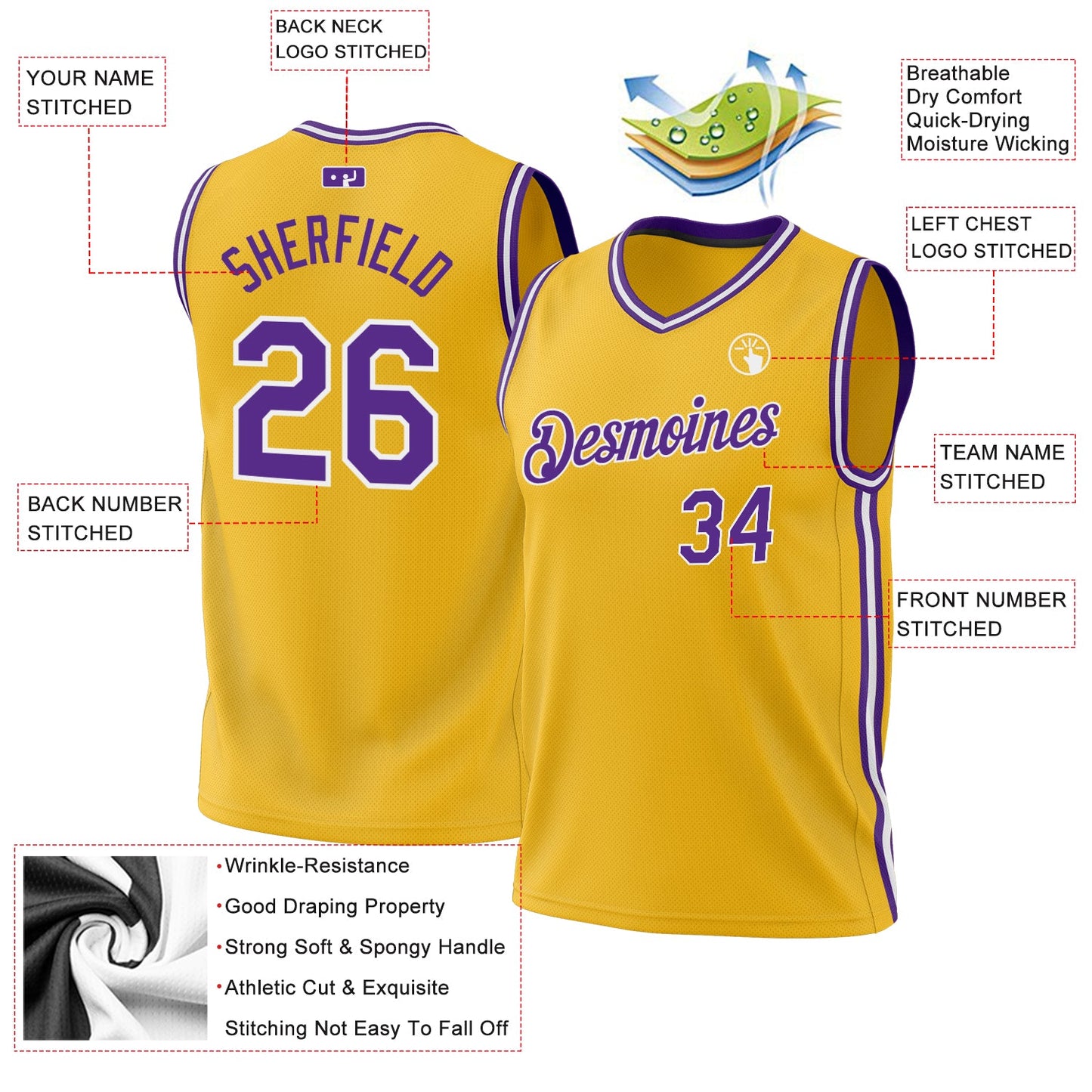 Custom Gold Purple-White Authentic Throwback Basketball Jersey view 3