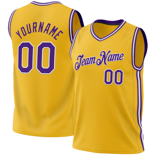 Custom Gold Purple-White Authentic Throwback Basketball Jersey - Main View