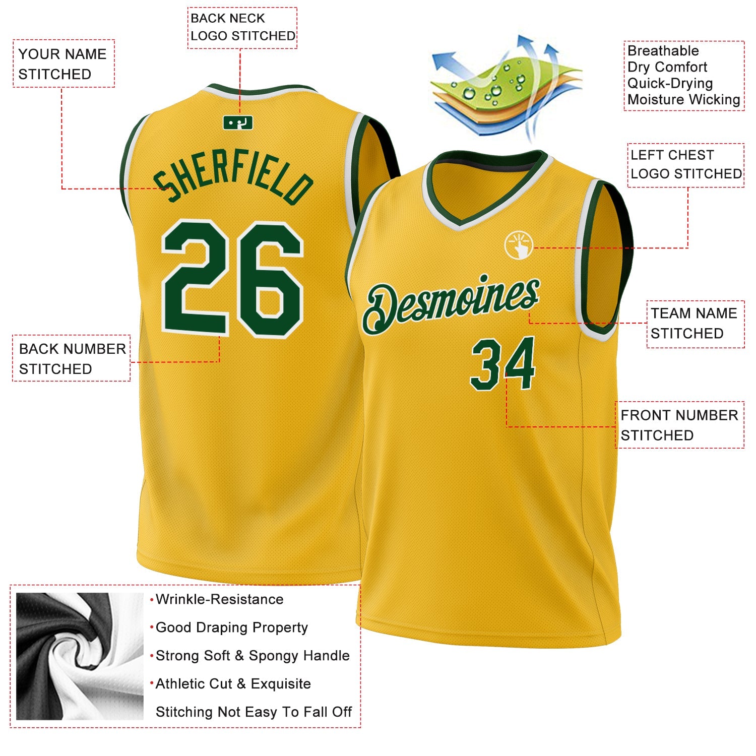 Custom Gold Green-White Authentic Throwback Basketball Jersey view 3
