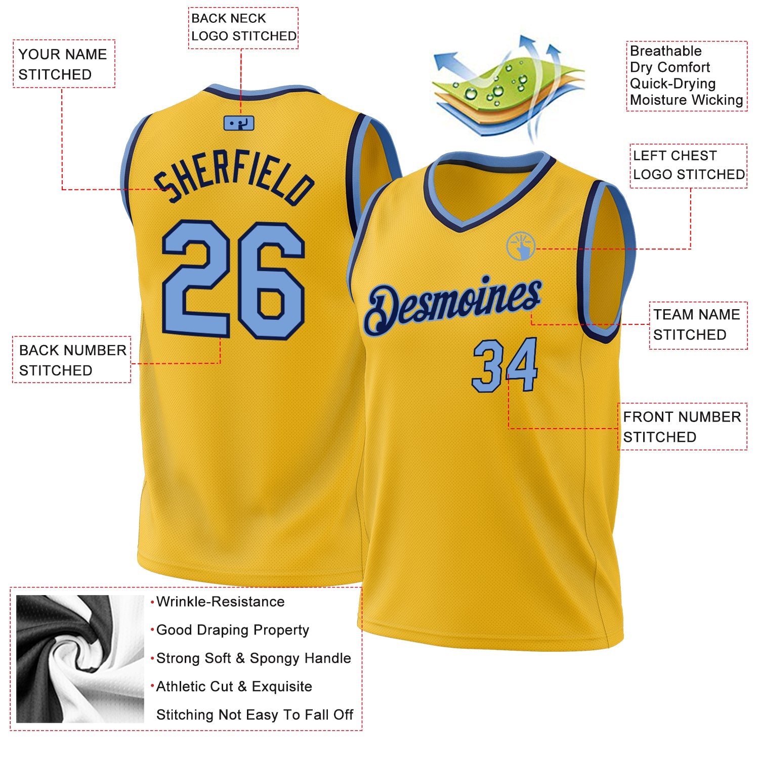Custom Gold Light Blue-White Authentic Throwback Basketball Jersey view 3