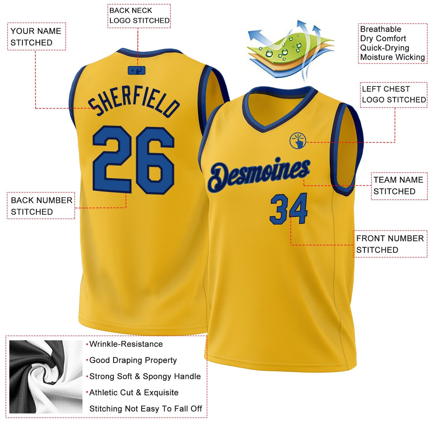 Custom Gold Blue-Navy Authentic Throwback Basketball Jersey view 3