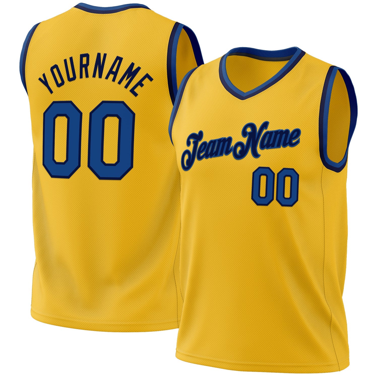 Custom Gold Blue-Navy Authentic Throwback Basketball Jersey - Main View