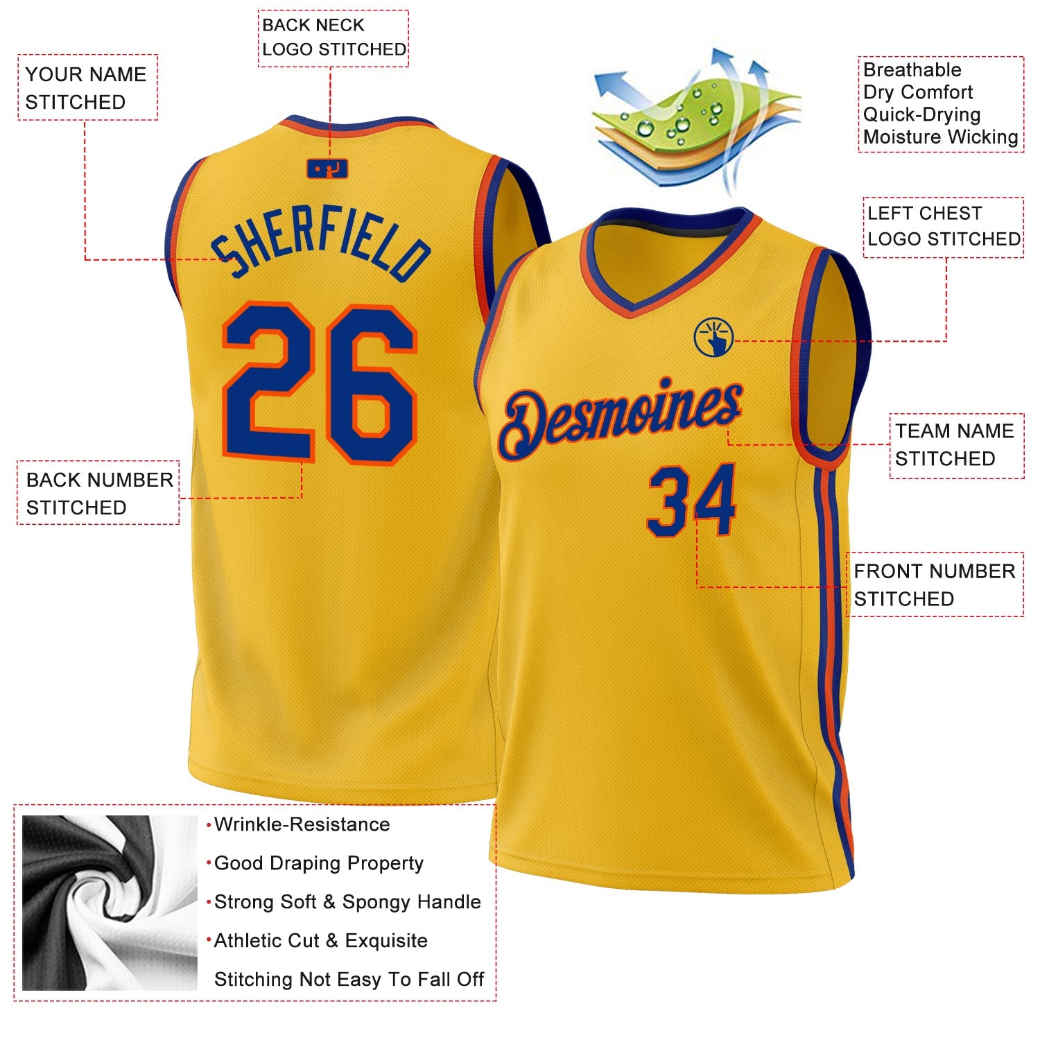 Custom Gold Royal-Orange Authentic Throwback Basketball Jersey view 3