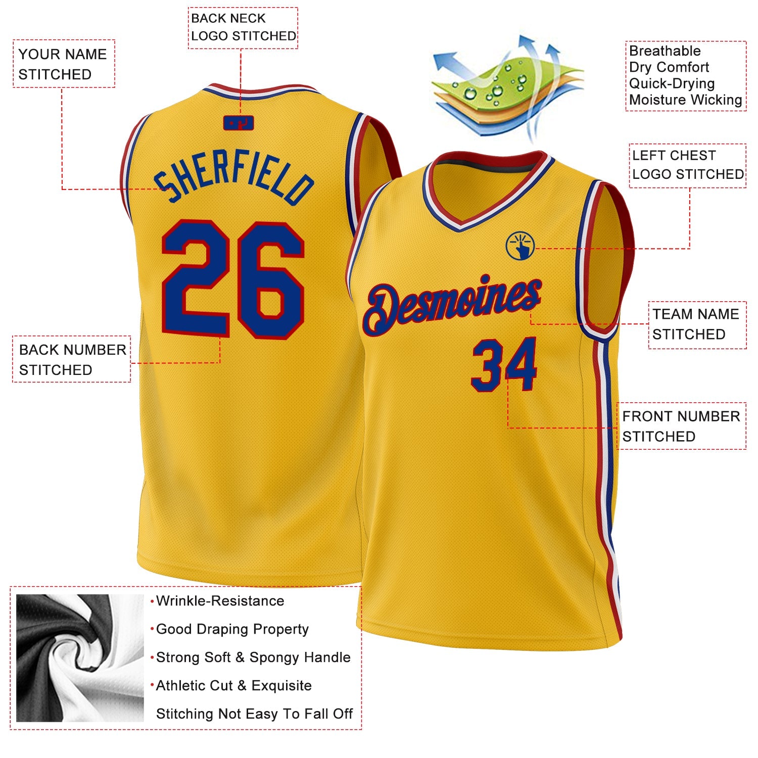 Custom Gold Royal-Red Authentic Throwback Basketball Jersey view 3