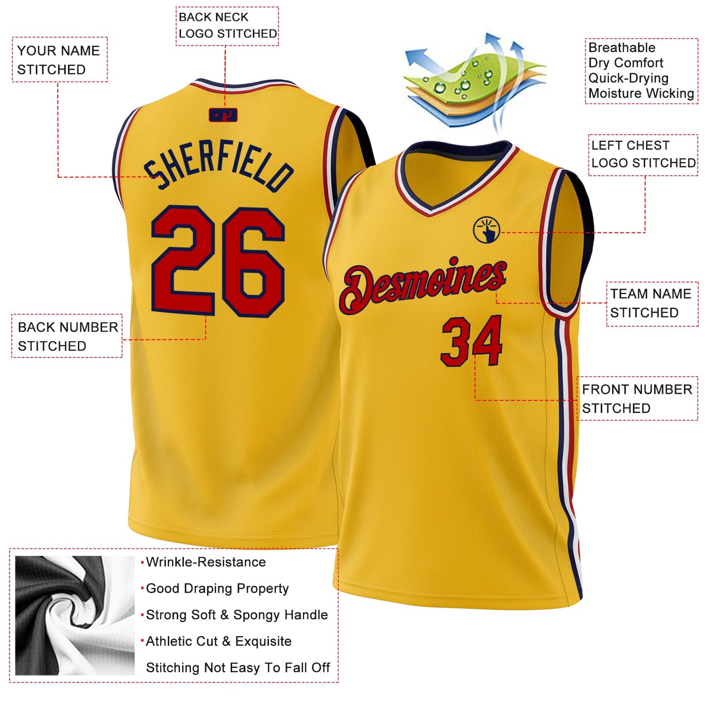 Custom Gold Red Navy-White Authentic Throwback Basketball Jersey view 3