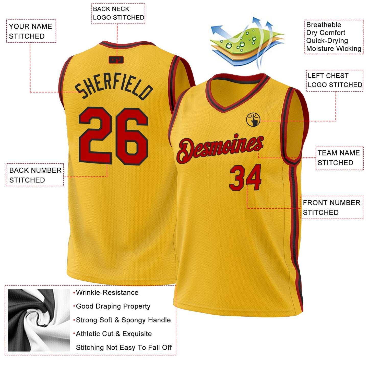 Custom Gold Red-Black Authentic Throwback Basketball Jersey view 3