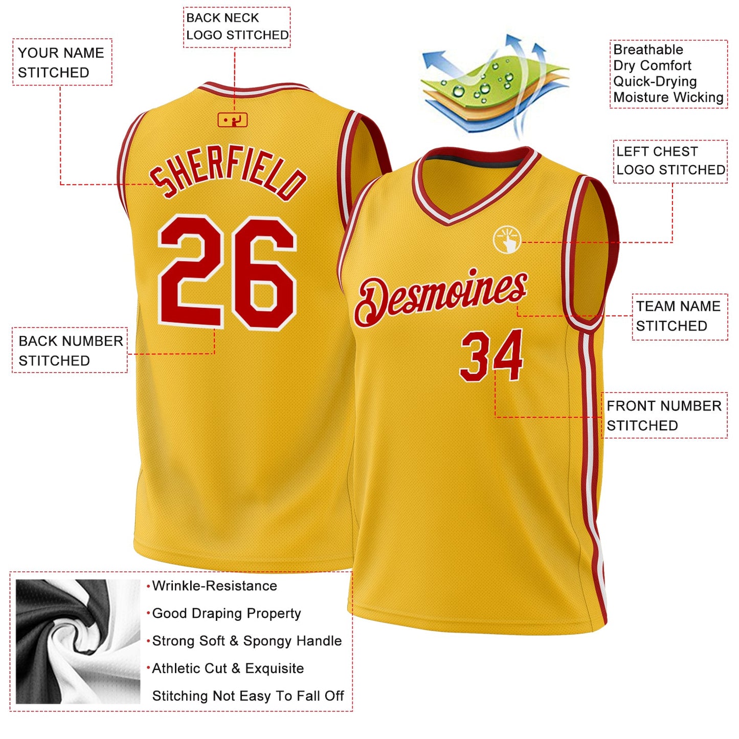 Custom Gold Red-White Authentic Throwback Basketball Jersey view 3