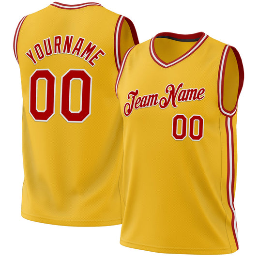 Custom Gold Red-White Authentic Throwback Basketball Jersey - Main View