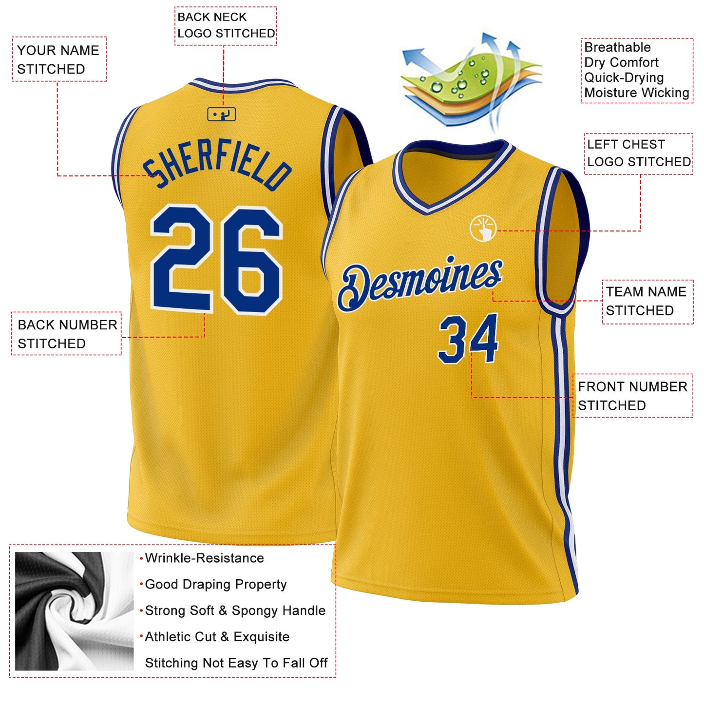 Custom Gold Royal-White Authentic Throwback Basketball Jersey view 3