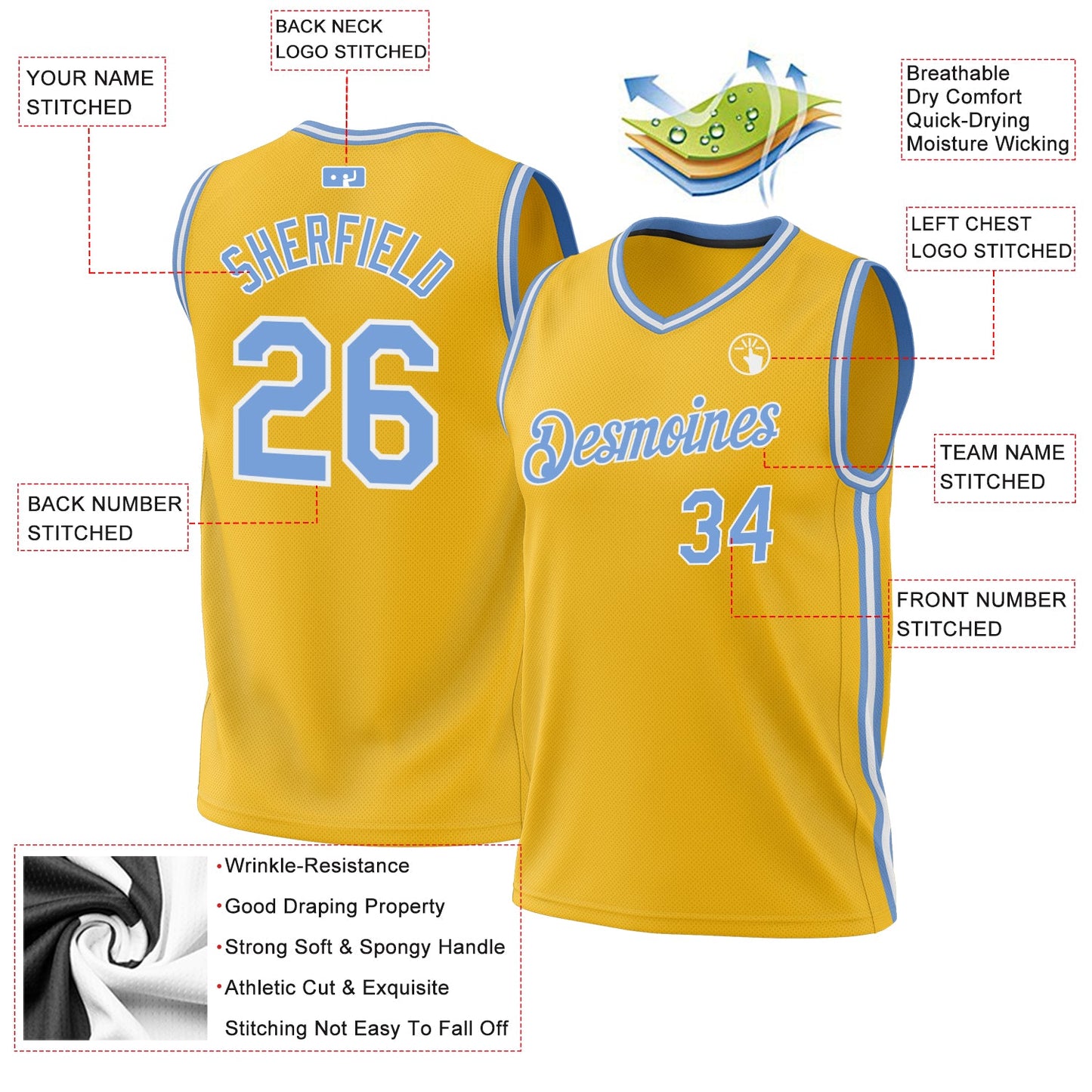 Custom Gold Light Blue-White Authentic Throwback Basketball Jersey view 3