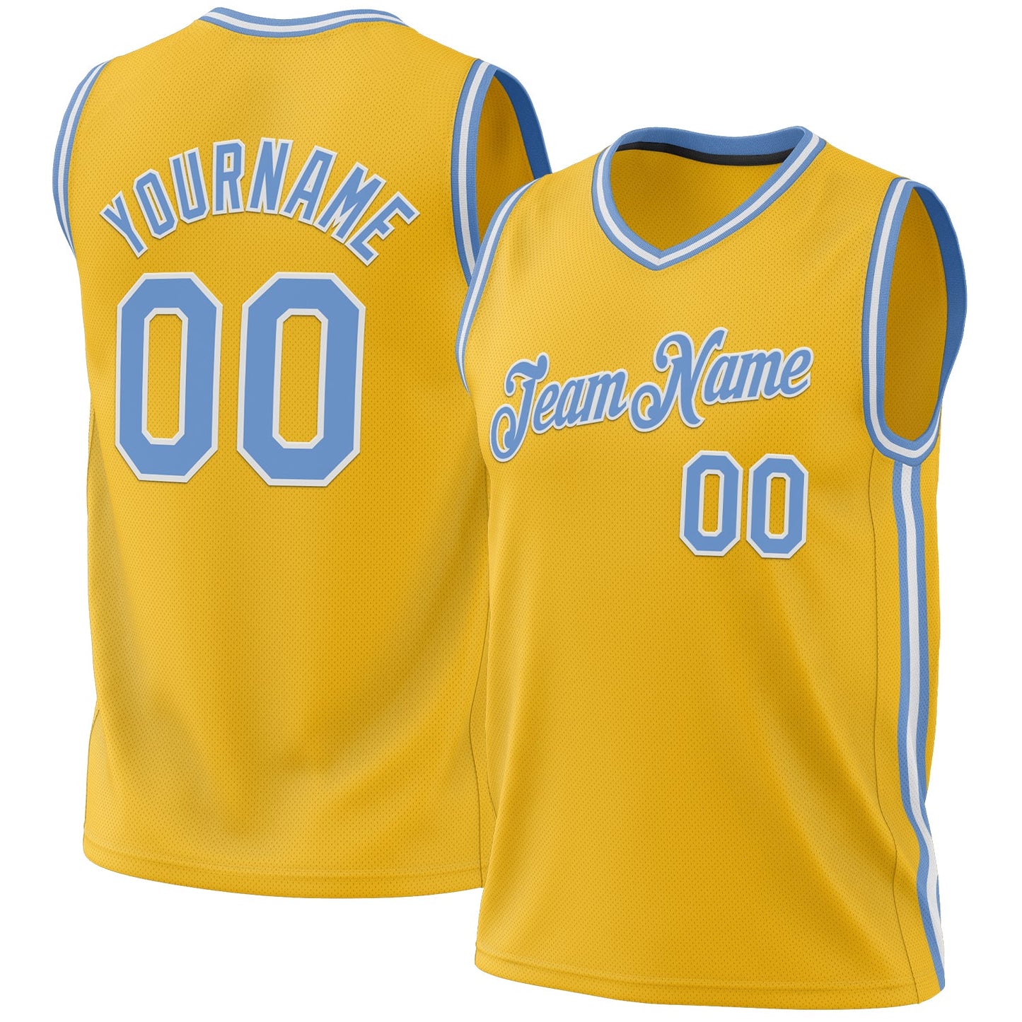 Custom Gold Light Blue-White Authentic Throwback Basketball Jersey - Main View