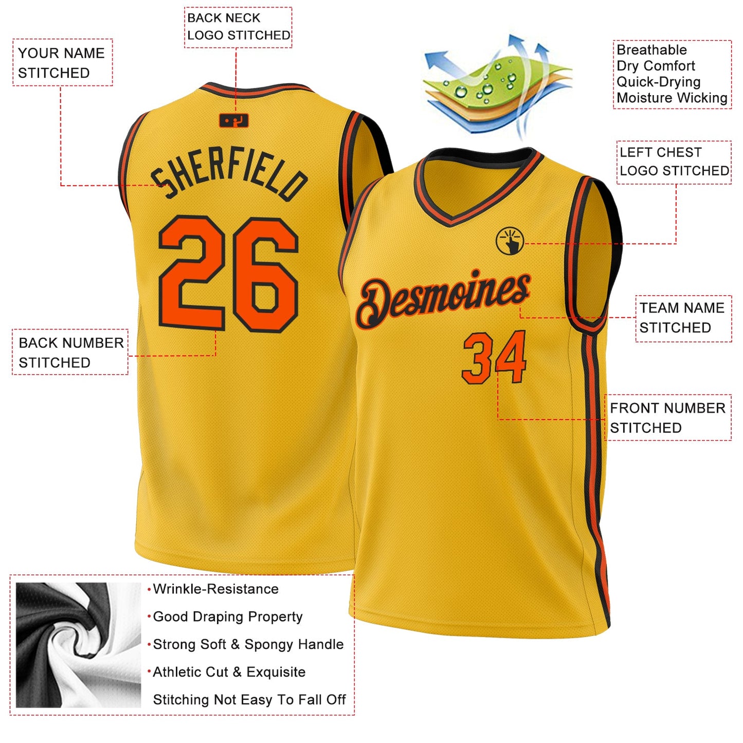 Custom Gold Orange-Black Authentic Throwback Basketball Jersey view 3