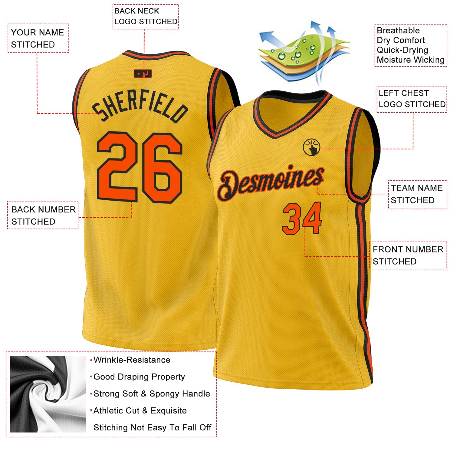 Custom Gold Orange-Black Authentic Throwback Basketball Jersey view 3