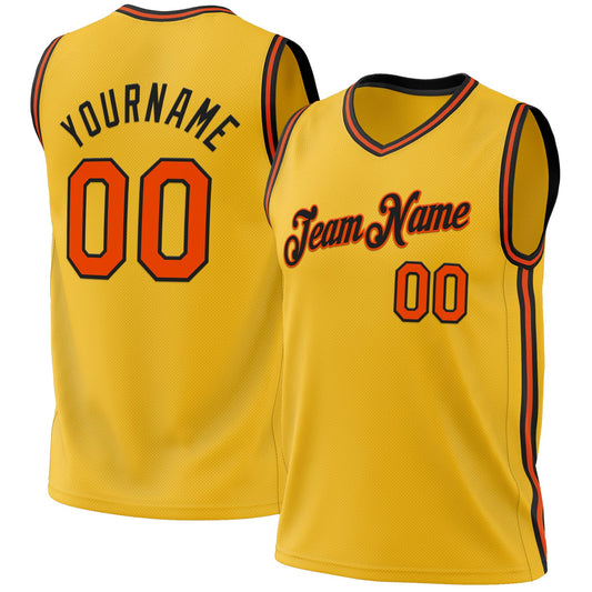 Custom Gold Orange-Black Authentic Throwback Basketball Jersey - Main View