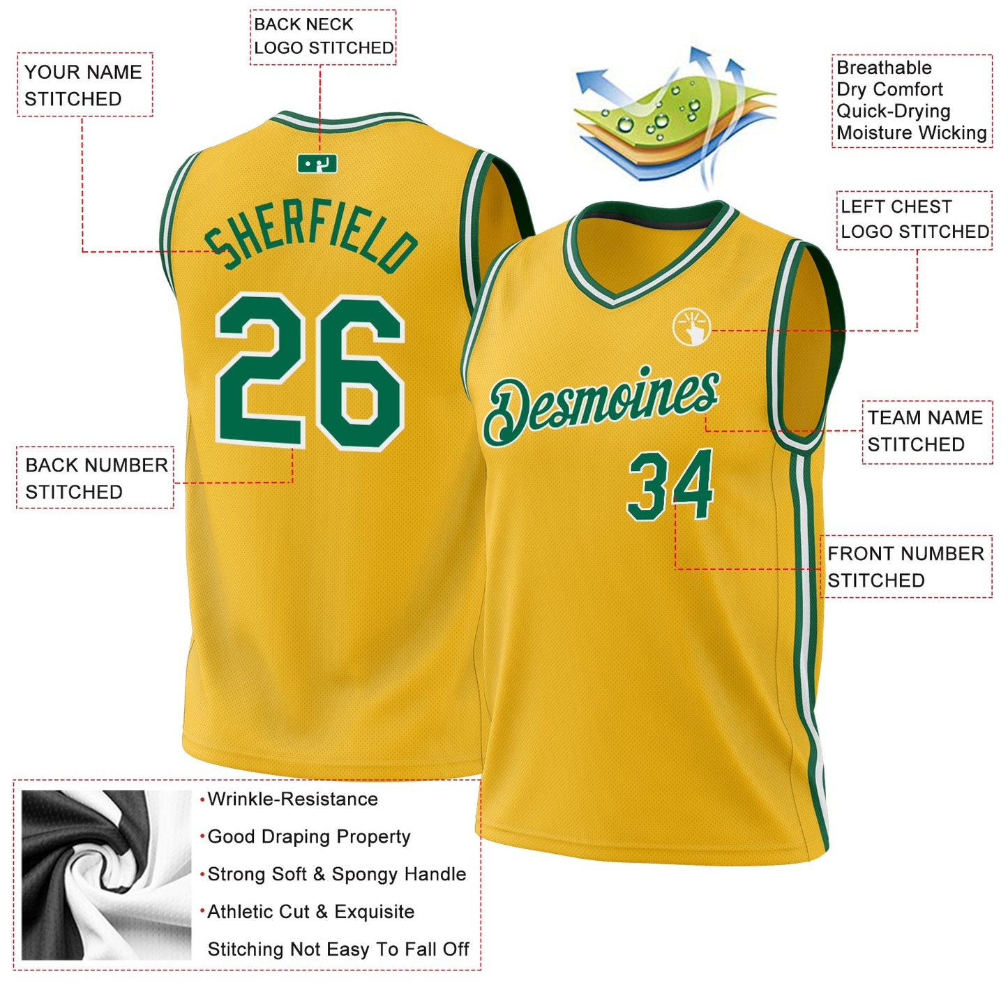 Custom Gold Kelly Green-White Authentic Throwback Basketball Jersey view 3