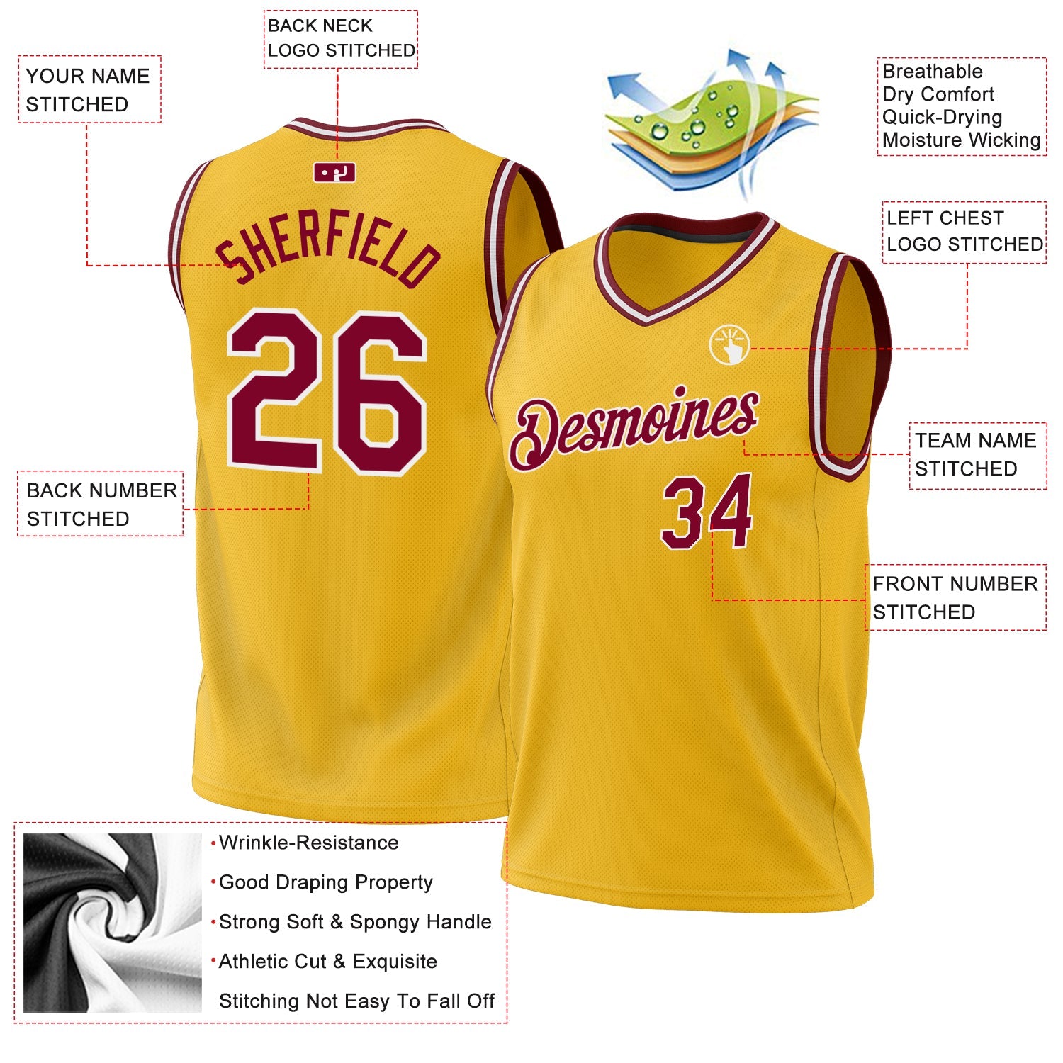 Custom Gold Maroon-White Authentic Throwback Basketball Jersey view 3