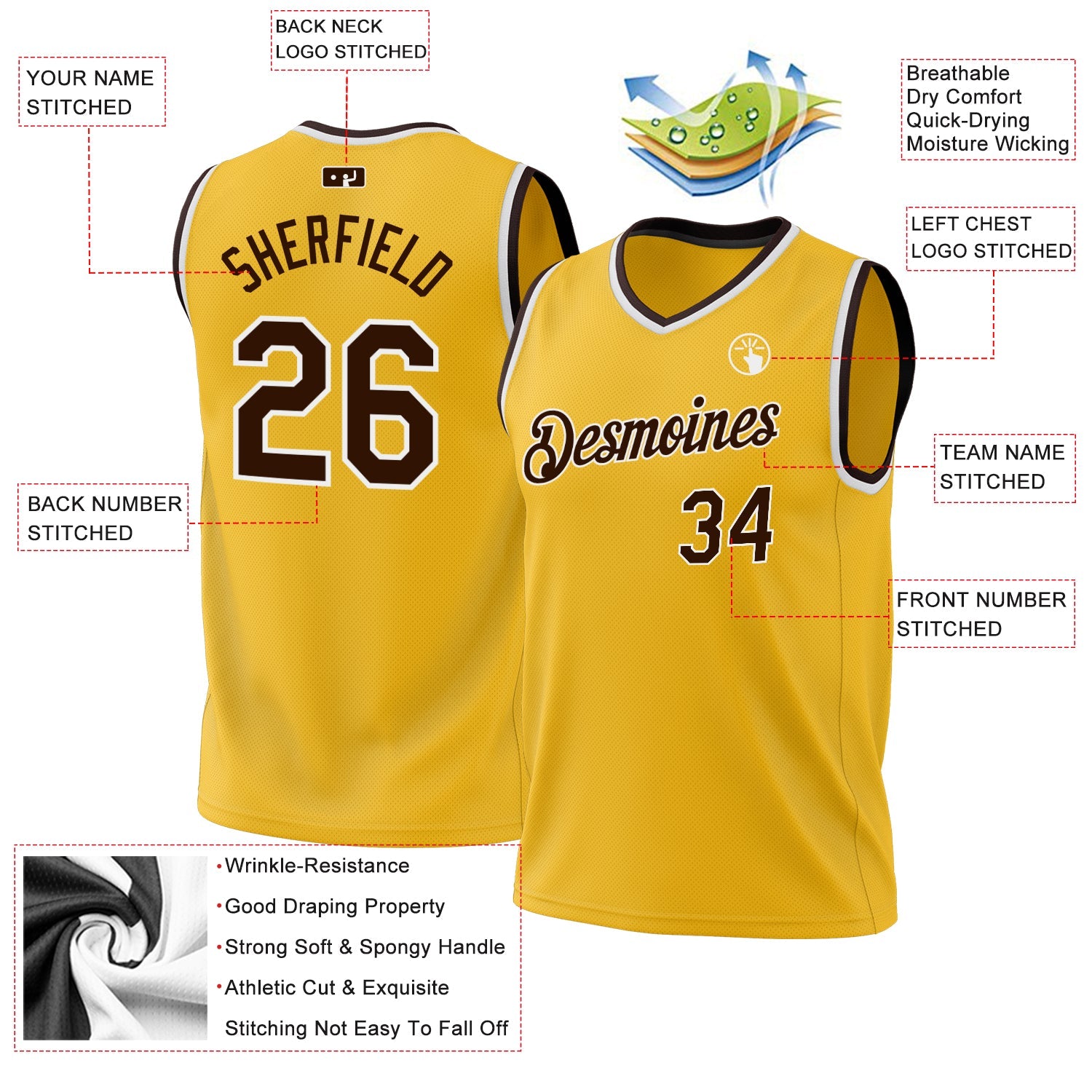 Custom Gold Brown-White Authentic Throwback Basketball Jersey view 3