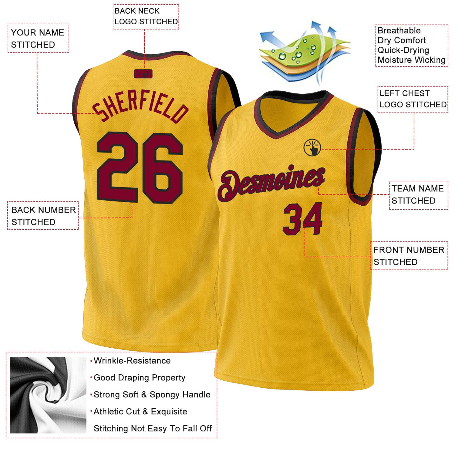 Custom Gold Maroon-Black Authentic Throwback Basketball Jersey view 3