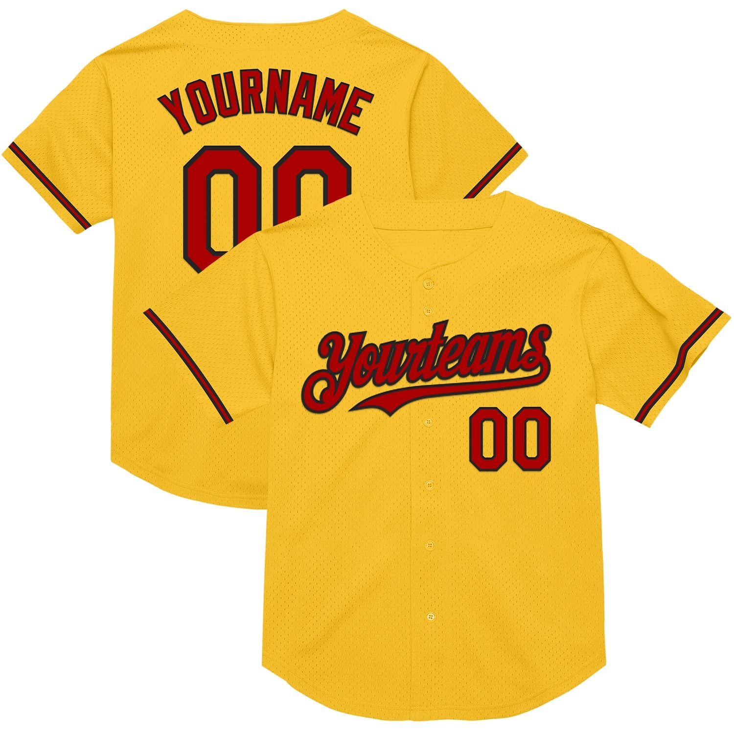 Custom Gold Red-Black Mesh Authentic Throwback Baseball Jersey - Main View
