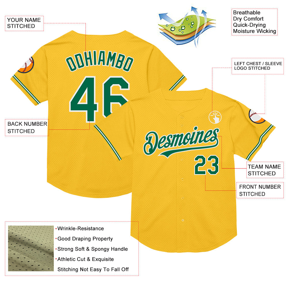 Custom Gold Kelly Green-White Mesh Authentic Throwback Baseball Jersey view 3