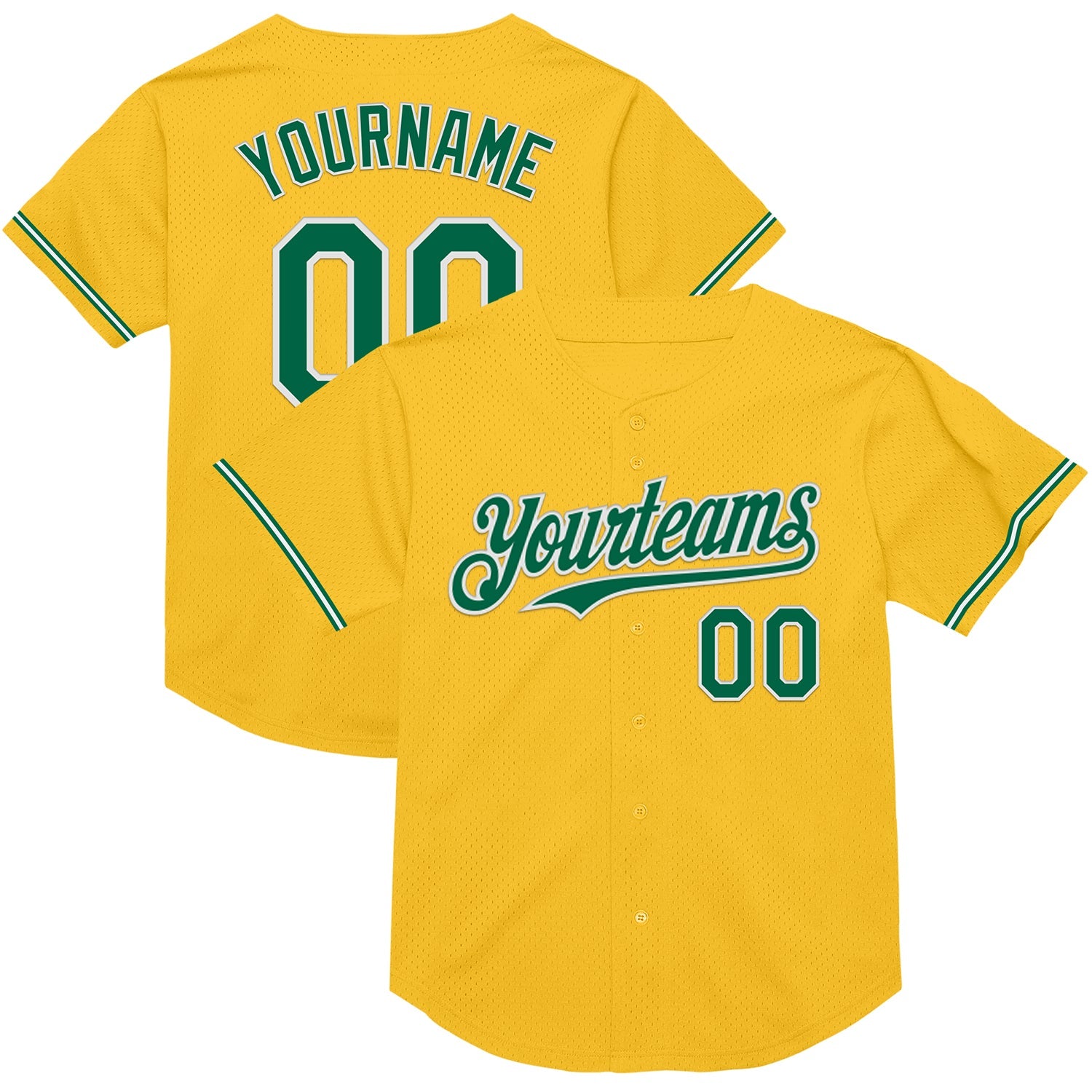 Custom Gold Kelly Green-White Mesh Authentic Throwback Baseball Jersey - Main View