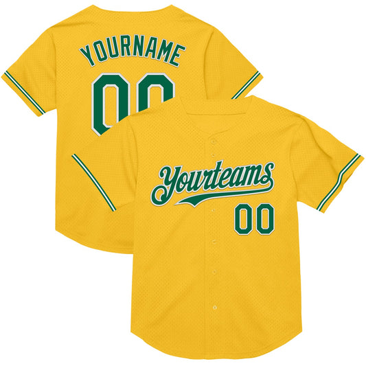 Custom Gold Kelly Green-White Mesh Authentic Throwback Baseball Jersey - Main View