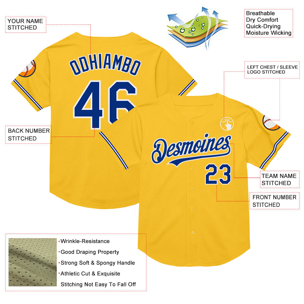 Custom Gold Royal-White Mesh Authentic Throwback Baseball Jersey view 3