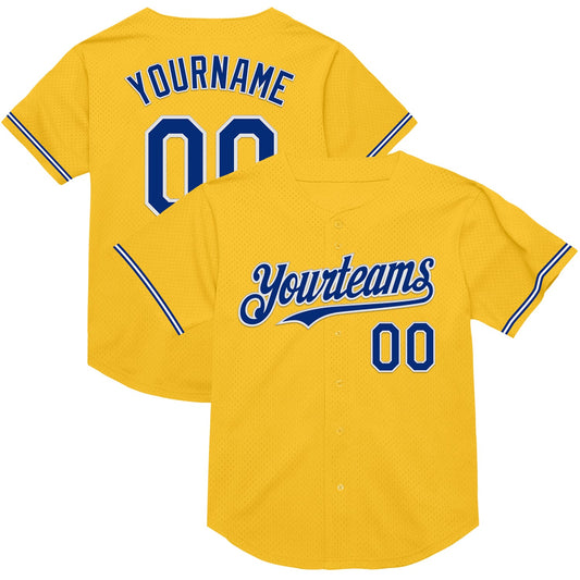 Custom Gold Royal-White Mesh Authentic Throwback Baseball Jersey - Main View