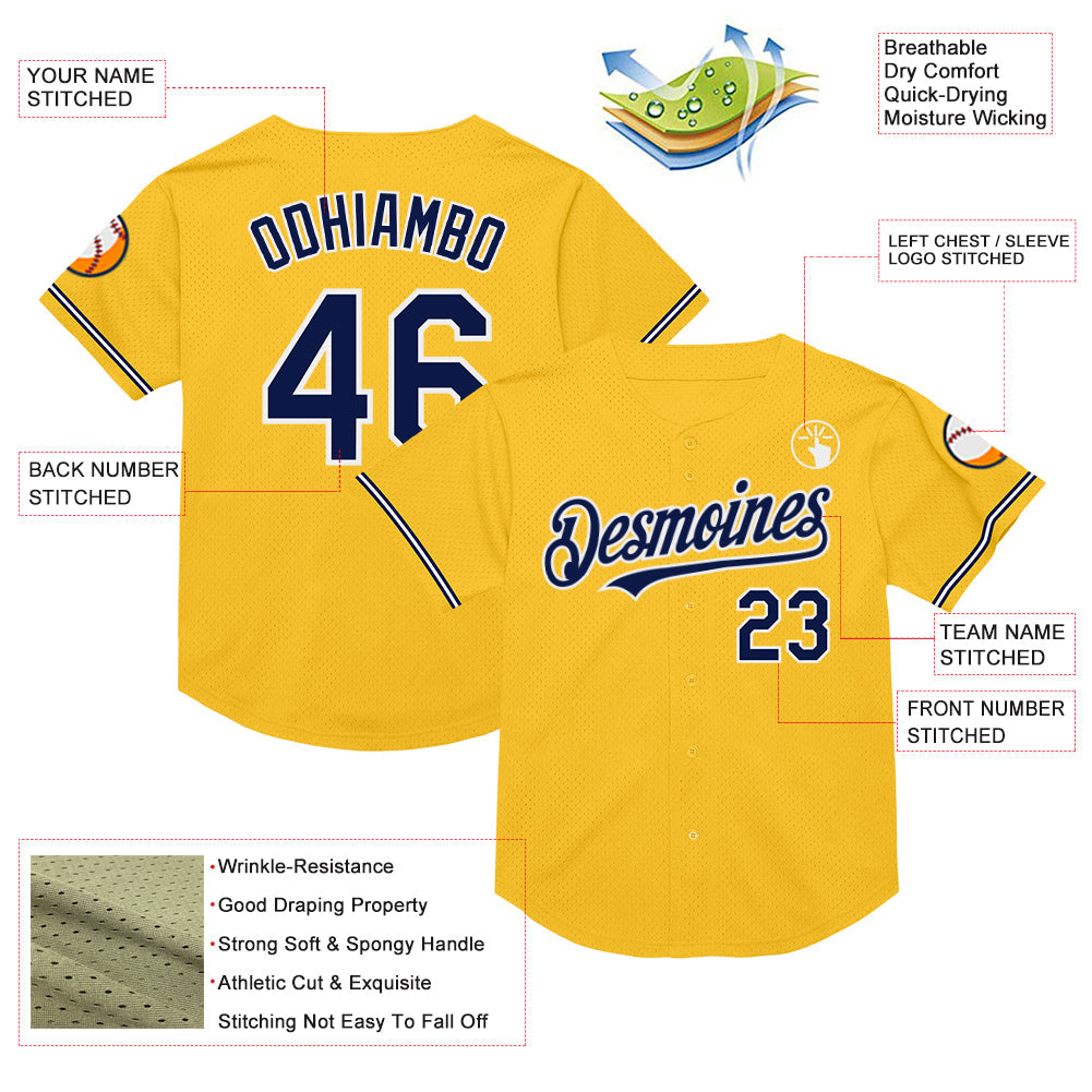 Custom Gold Navy-White Mesh Authentic Throwback Baseball Jersey view 3