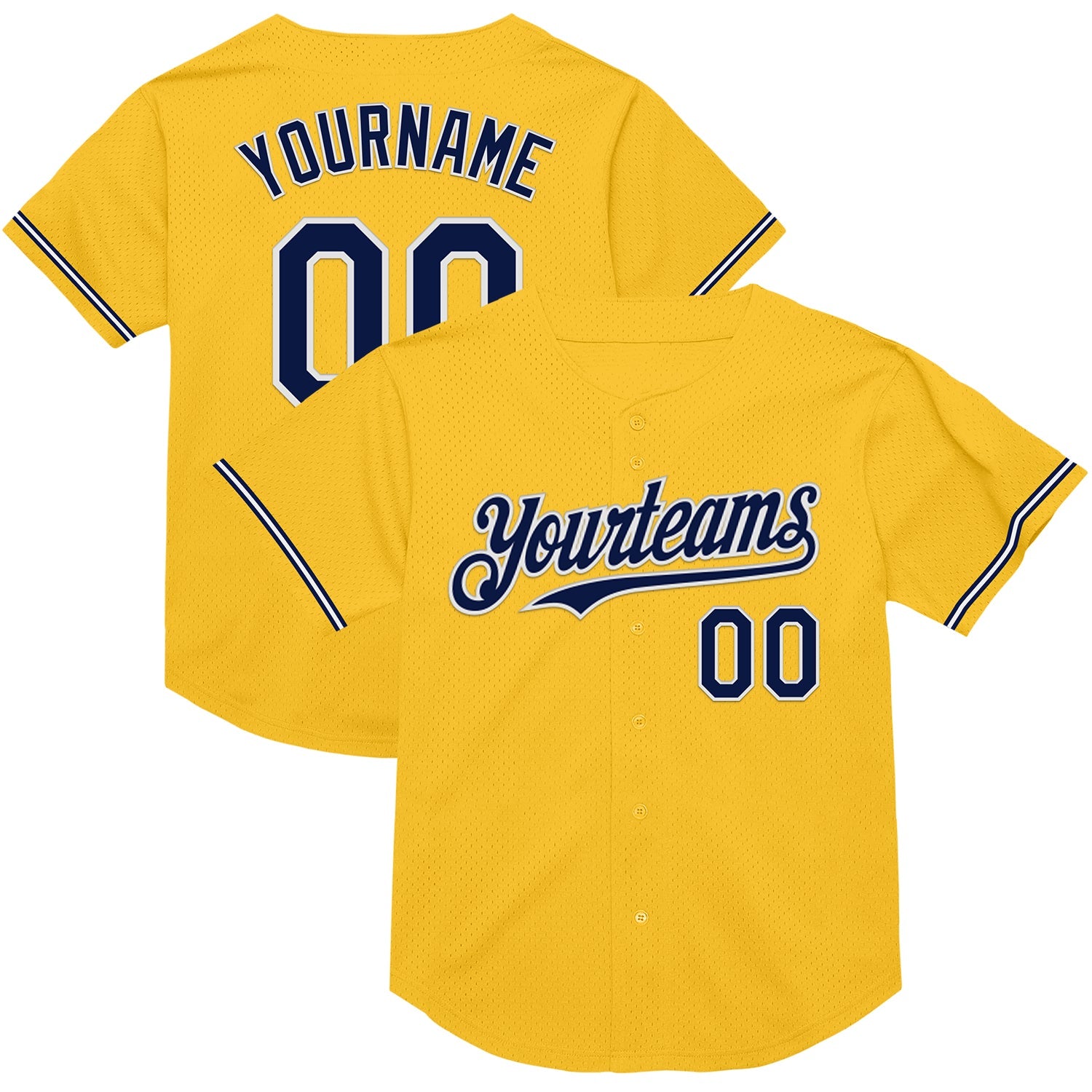 Custom Gold Navy-White Mesh Authentic Throwback Baseball Jersey - Main View