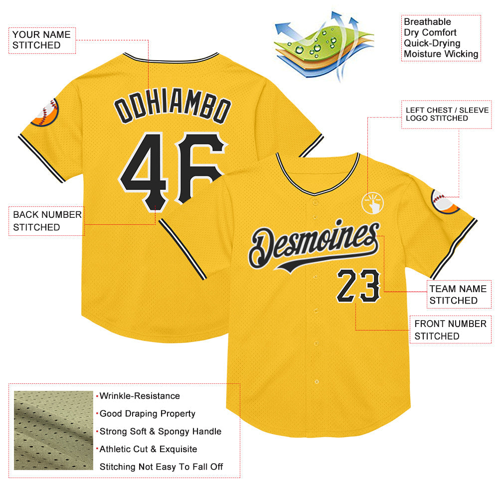 Custom Gold Black-White Mesh Authentic Throwback Baseball Jersey view 3