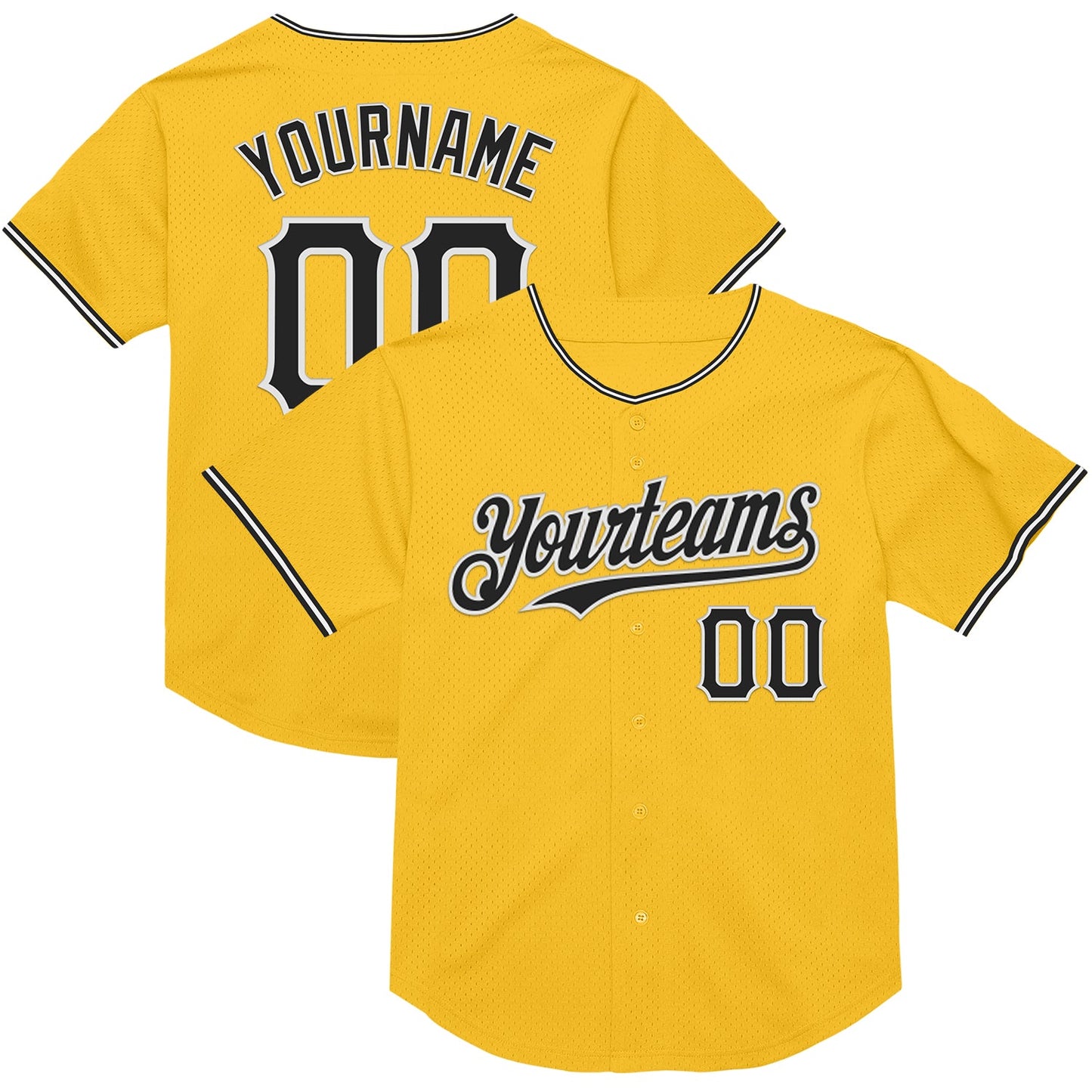 Custom Gold Black-White Mesh Authentic Throwback Baseball Jersey - Main View