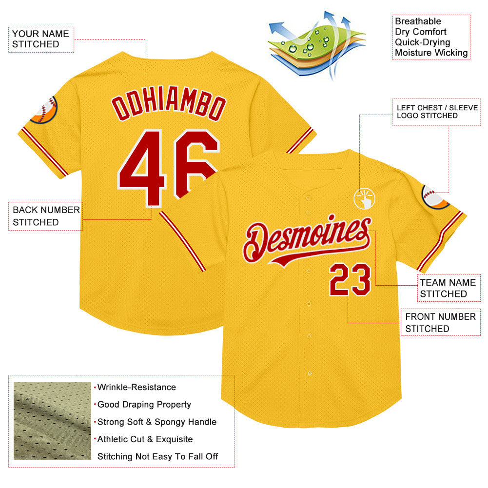 Custom Gold Red-White Mesh Authentic Throwback Baseball Jersey view 3