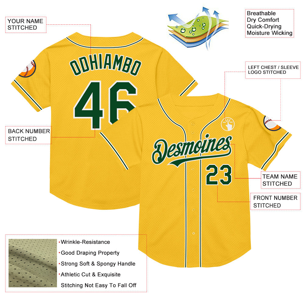 Custom Gold Green-White Mesh Authentic Throwback Baseball Jersey view 3