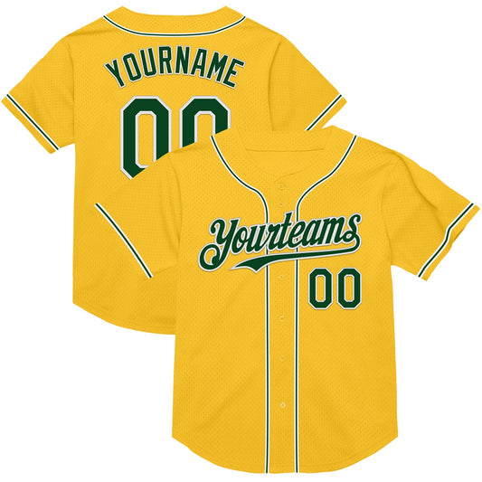 Custom Gold Green-White Mesh Authentic Throwback Baseball Jersey - Main View