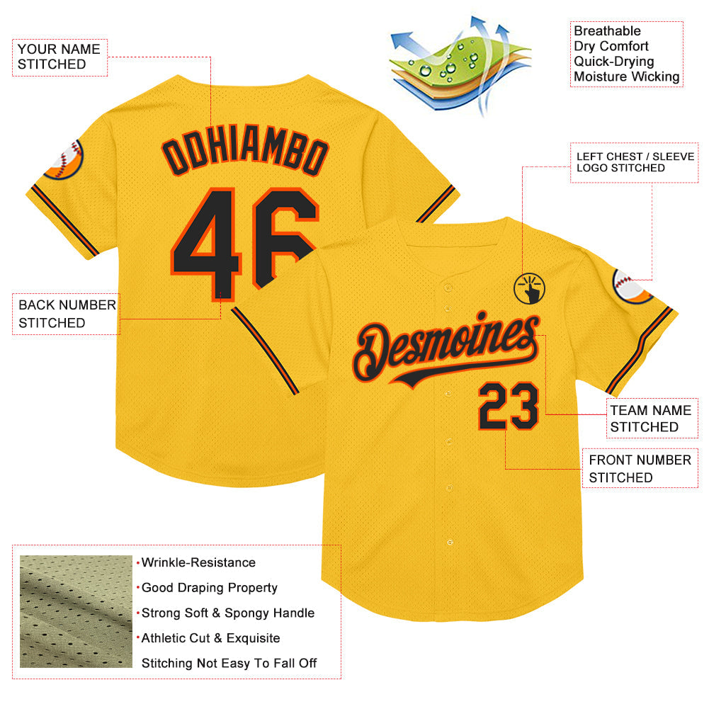 Custom Gold Black-Orange Mesh Authentic Throwback Baseball Jersey view 3