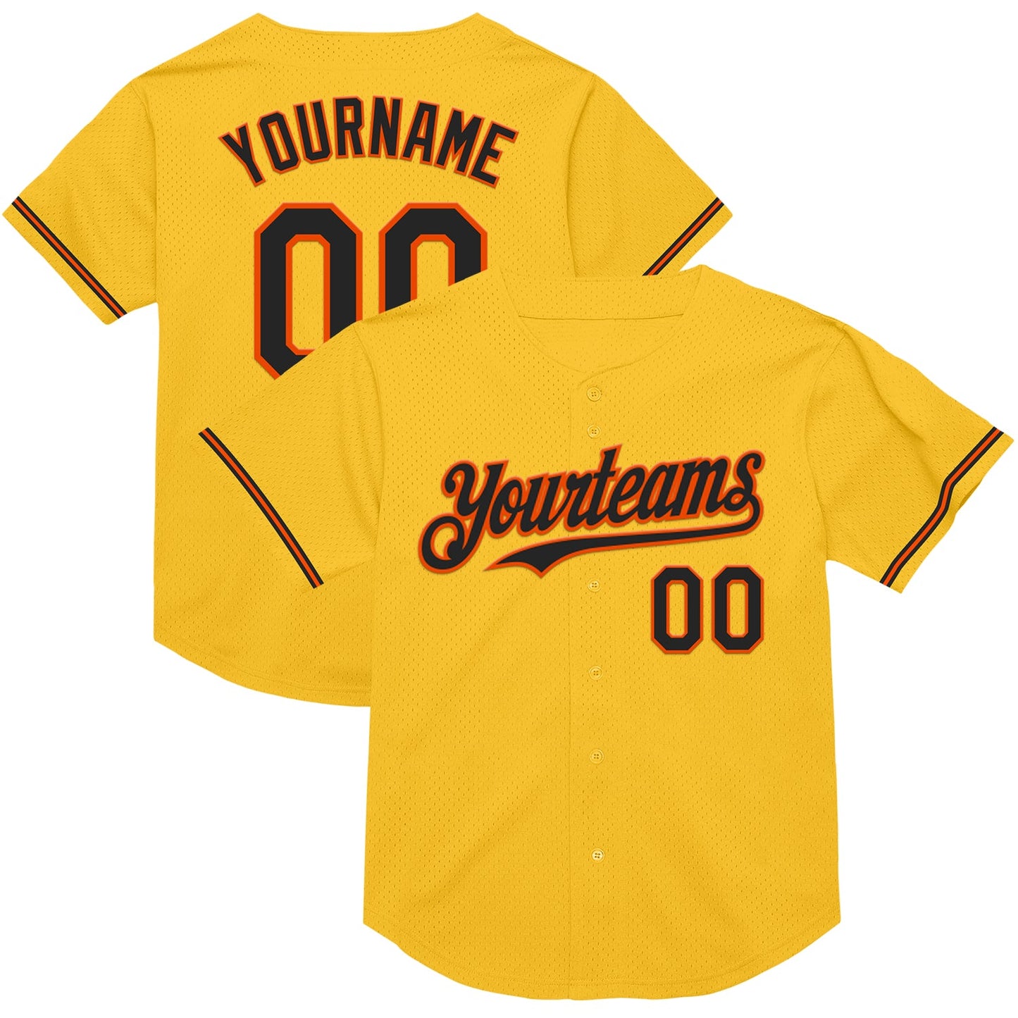 Custom Gold Black-Orange Mesh Authentic Throwback Baseball Jersey - Main View