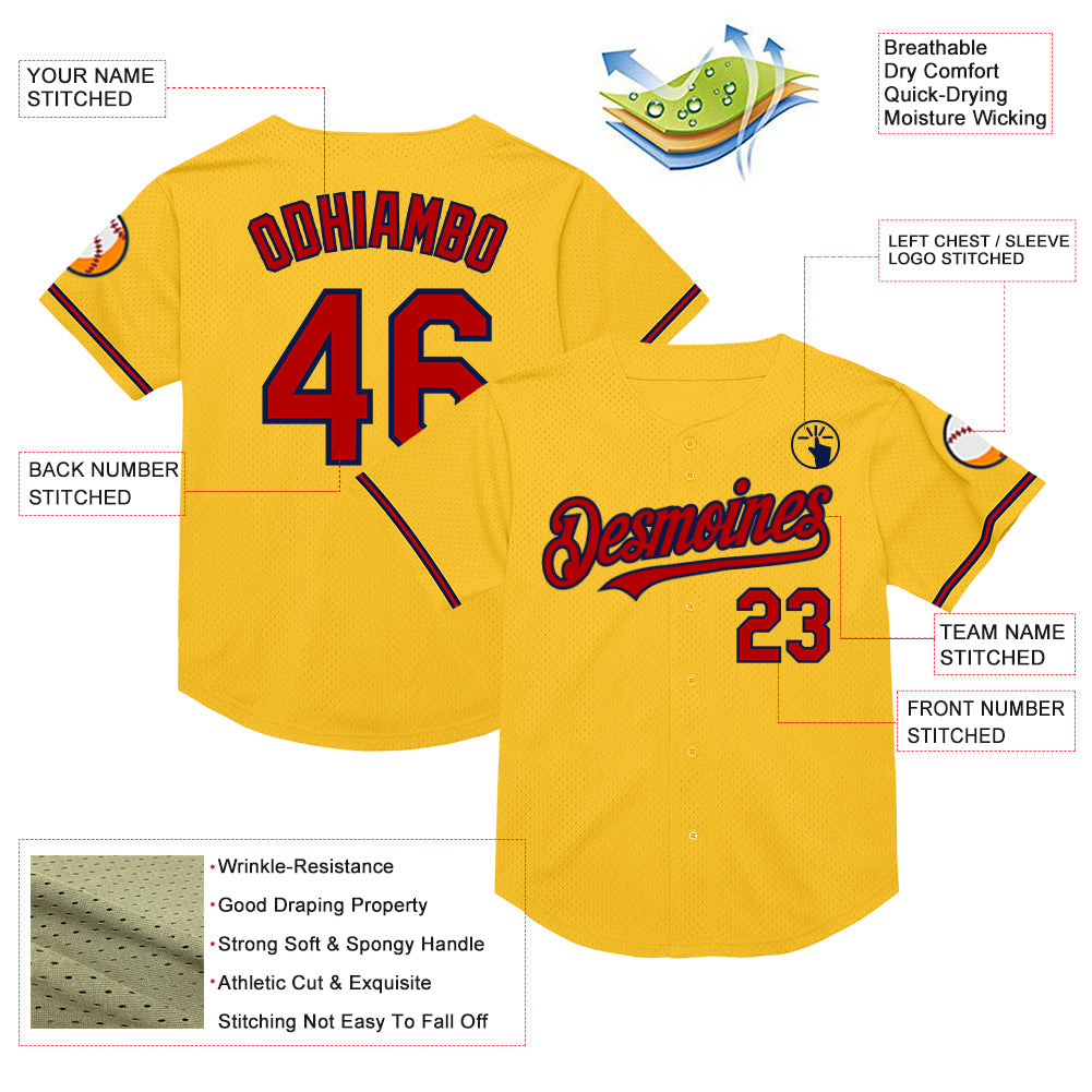 Custom Gold Red-Navy Mesh Authentic Throwback Baseball Jersey view 3