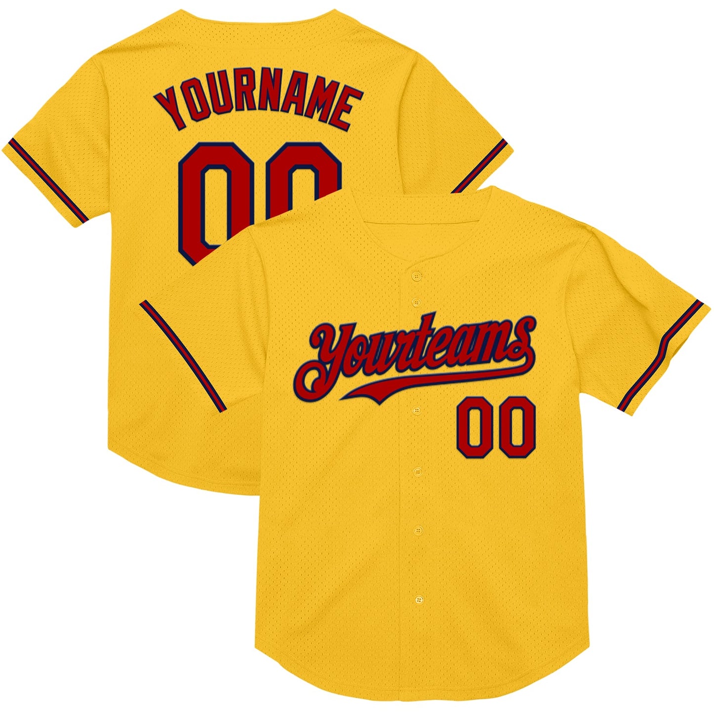 Custom Gold Red-Navy Mesh Authentic Throwback Baseball Jersey - Main View