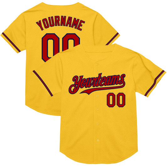Custom Gold Red-Navy Mesh Authentic Throwback Baseball Jersey - Main View